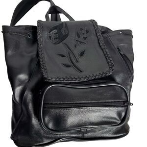 Vtg. Style Black Floral Embossed Leather Convertible Backpack